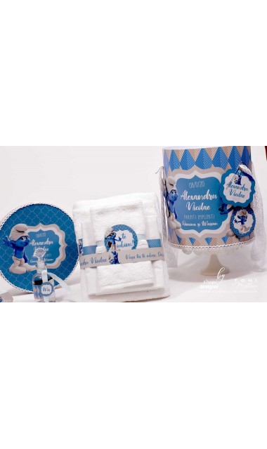 Trusou botez cu strumfii si broderie personalizata in nuante de crem si albastru Bebe Strumf 12